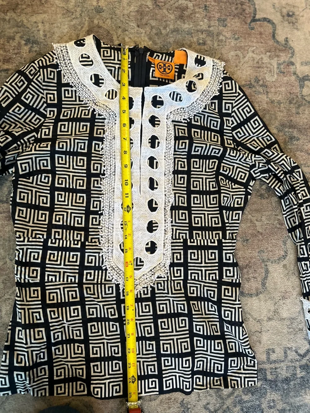 Tory Burch Derelia Black White Geometric Long-Sleeve Top Embroidered Yoke Cotton